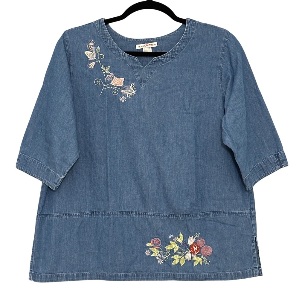 VTG Maggie Max Women Plus 1X Blue Denim Embroidered Floral Tunic Relaxed Cottage